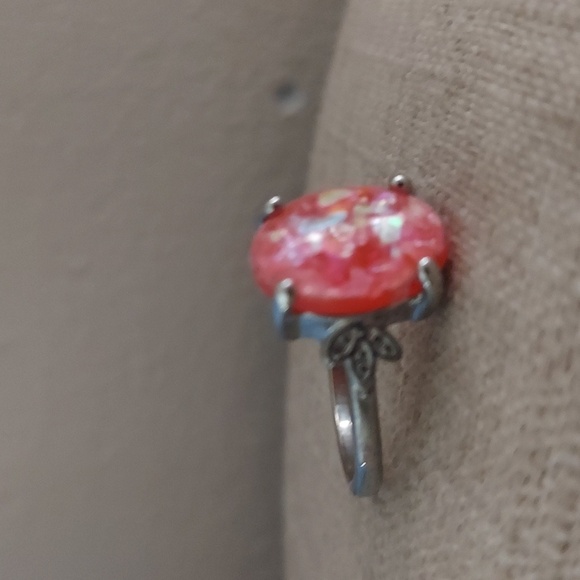 Oval Pink orange sunstone Opal Speckled Statement ring Sz 9 - Picture 6 of 12